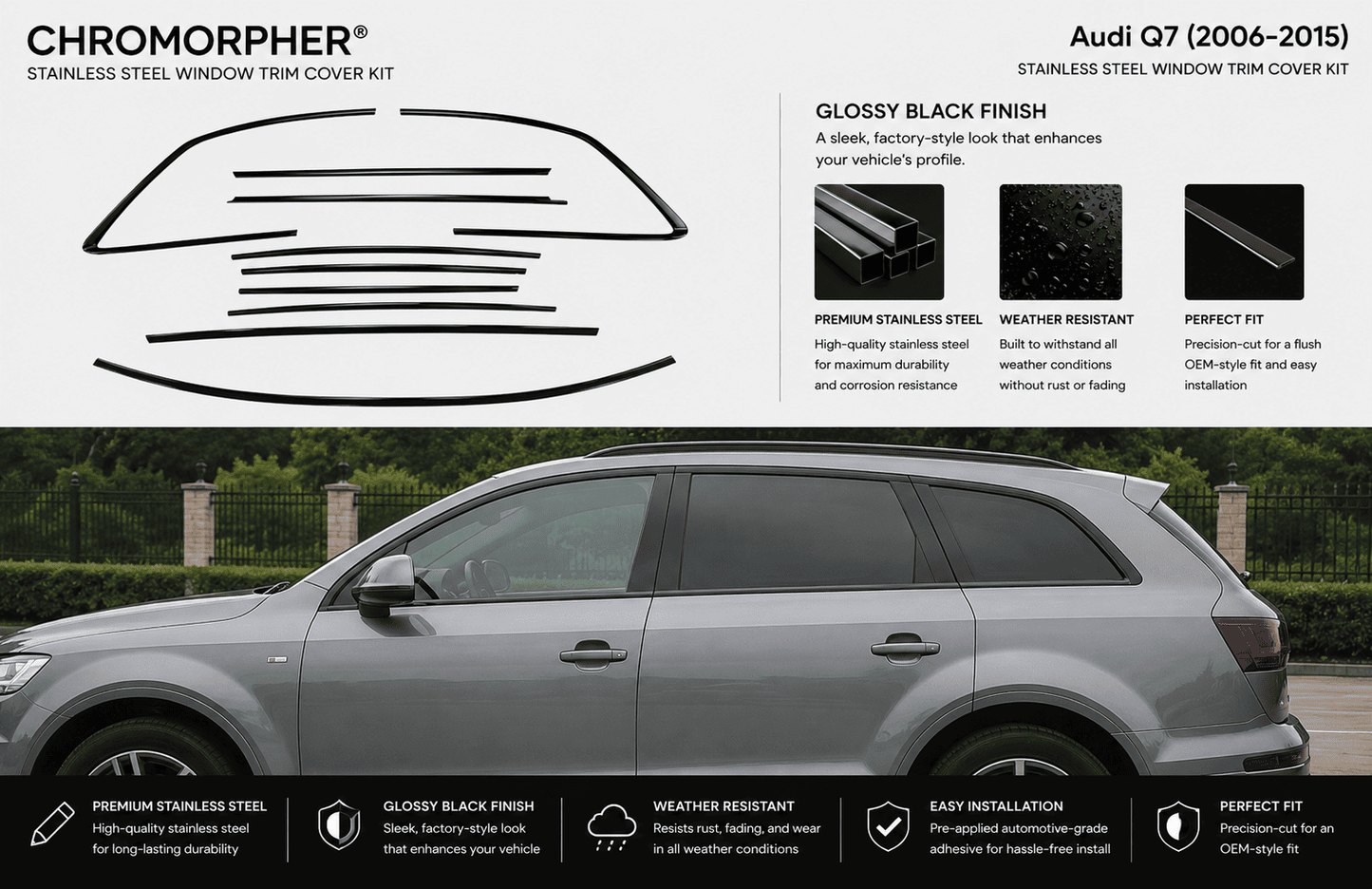 ChroMorpher Audi Q7 Window Trim Cover Kit (2006–2025) – Stainless Steel