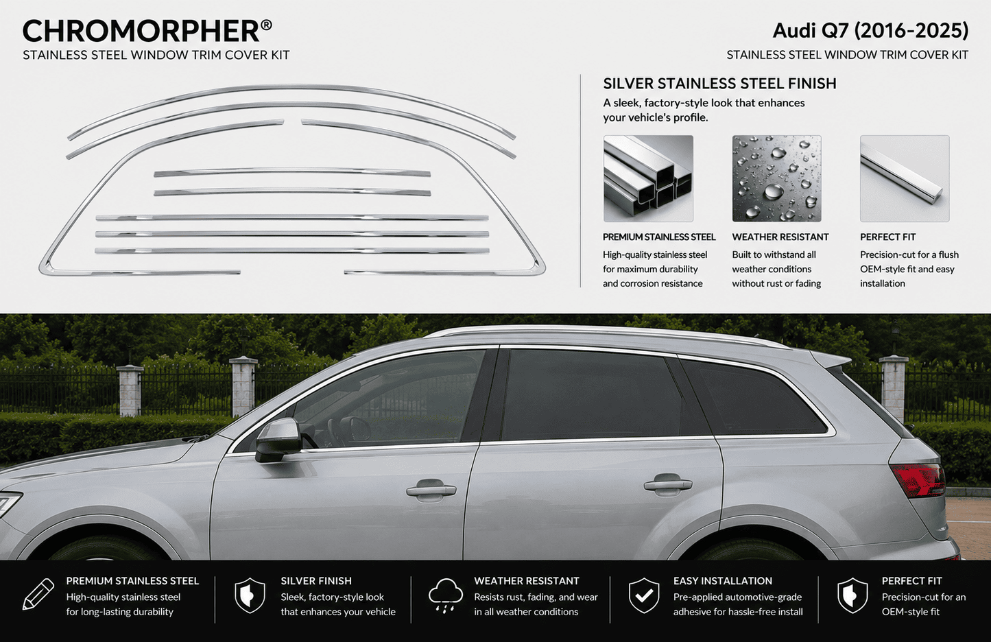 ChroMorpher Audi Q7 Window Trim Cover Kit (2006–2025) – Stainless Steel