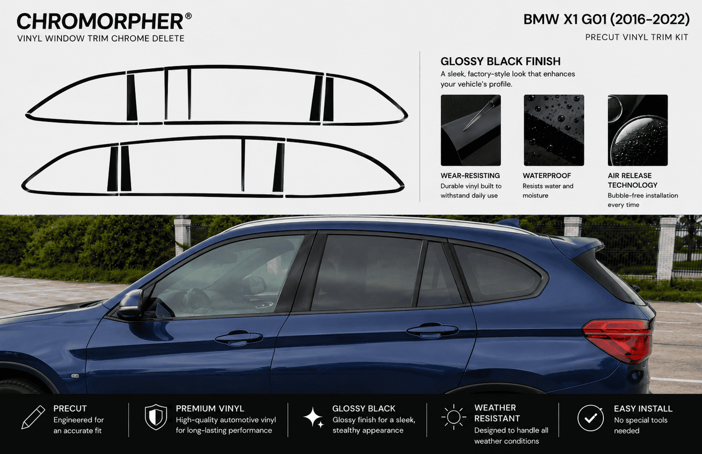 BMW X1 F48 (2016-2022) Glossy Black Precut Window Chrome Delete Kit