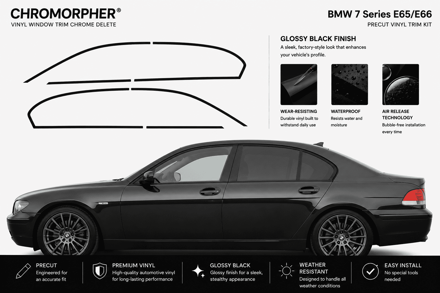 BMW 7 Series E65/E66 (2002-2008) Precut Window Chrome Delete Kit