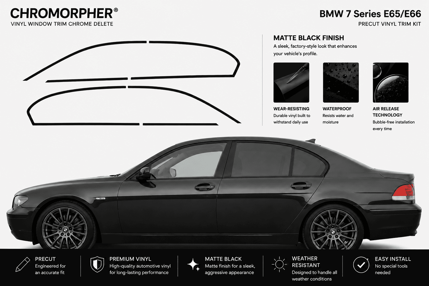 BMW 7 Series E65/E66 (2002-2008) Precut Window Chrome Delete Kit