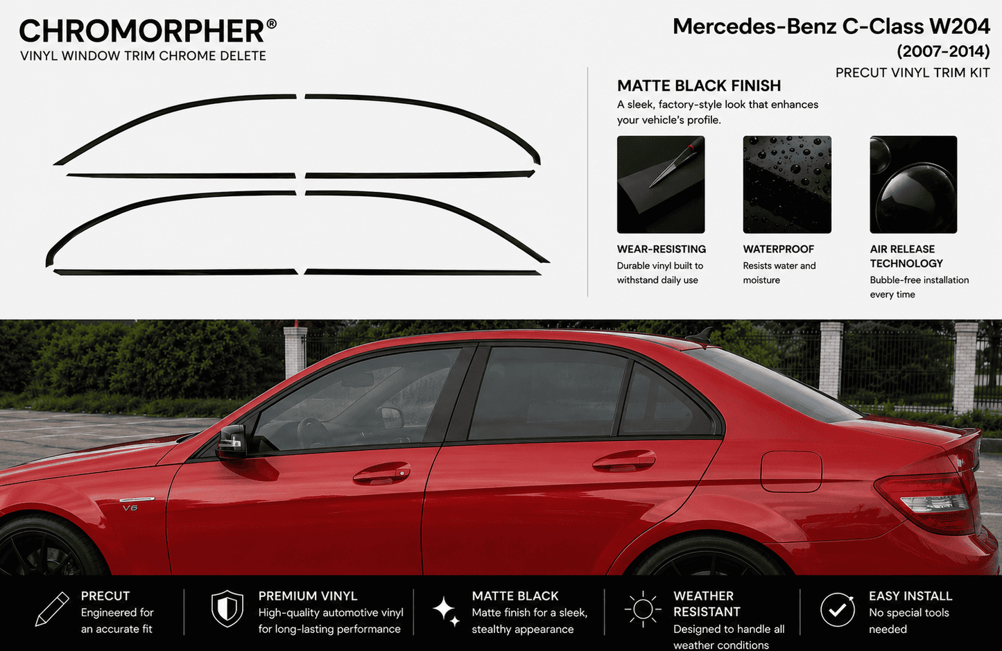 Mercedes-Benz C-Class W204 Precut Window Chrome Delete Kit (2007–2014)