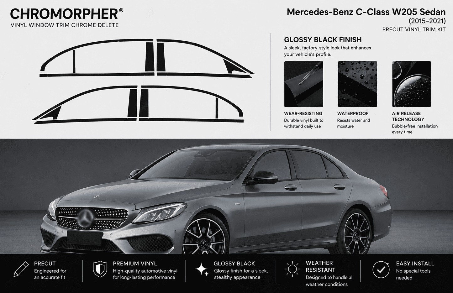 Mercedes-Benz C-Class W205 Sedan Precut Chrome Delete Vinyl Kit (2015–2021)