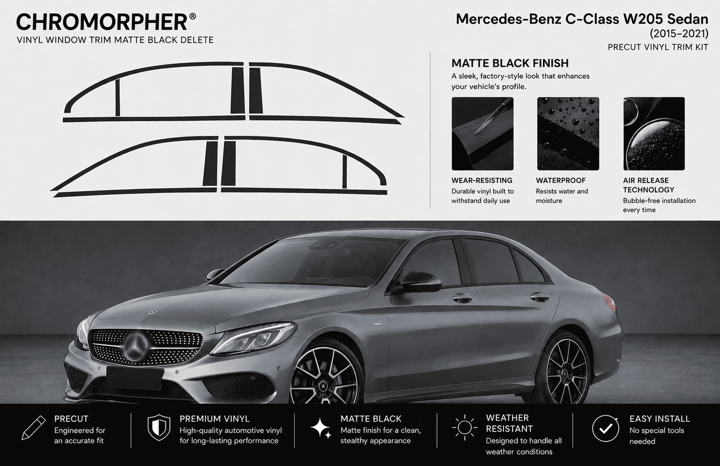 Mercedes-Benz C-Class W205 Sedan Precut Chrome Delete Vinyl Kit (2015–2021)
