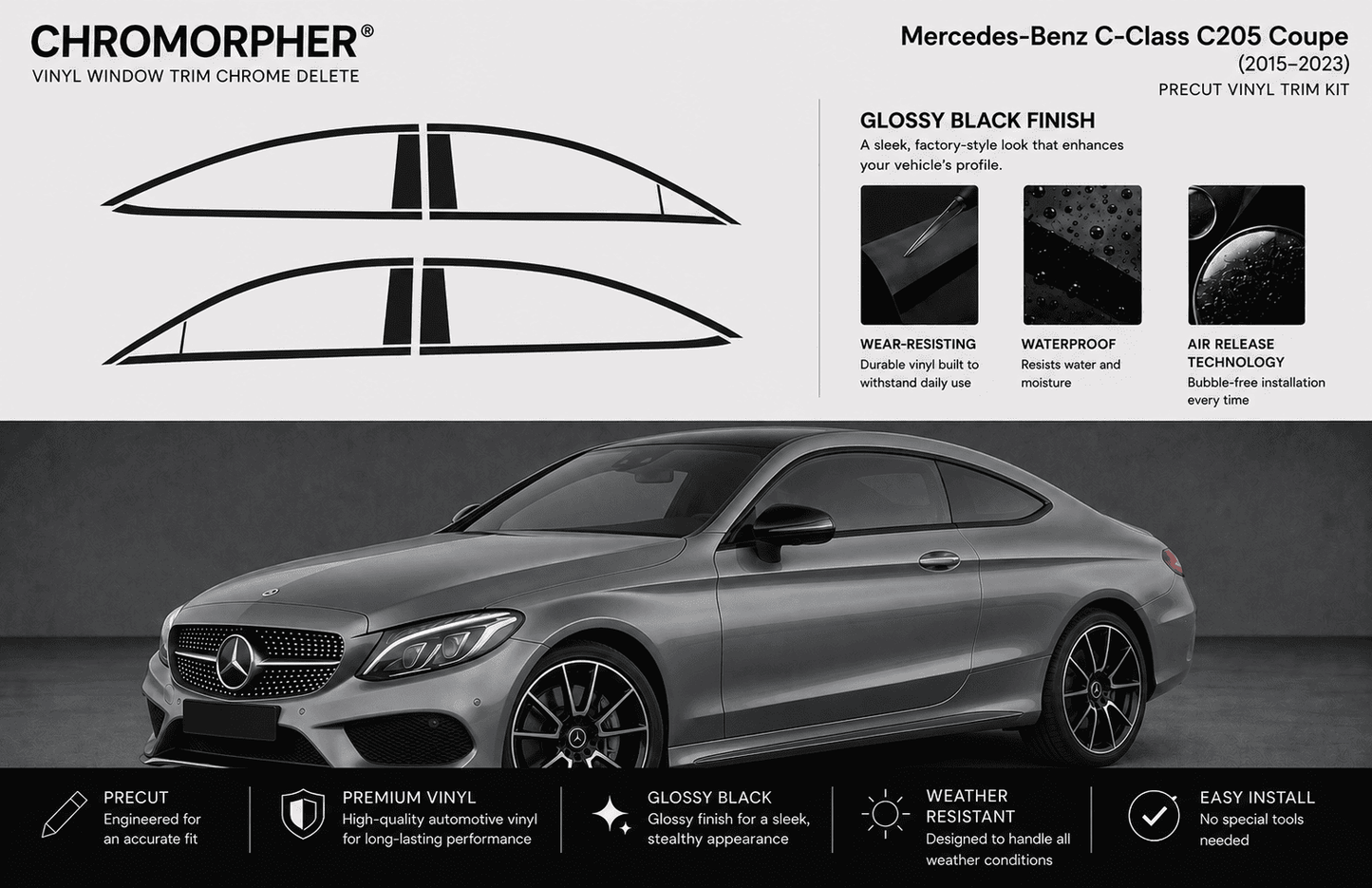 Mercedes-Benz C-Class C205 Coupe (2015-2023) Precut Chrome Delete Kit