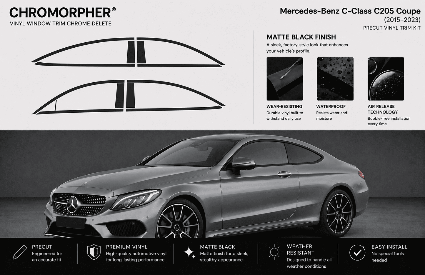 Mercedes-Benz C-Class C205 Coupe (2015-2023) Precut Chrome Delete Kit