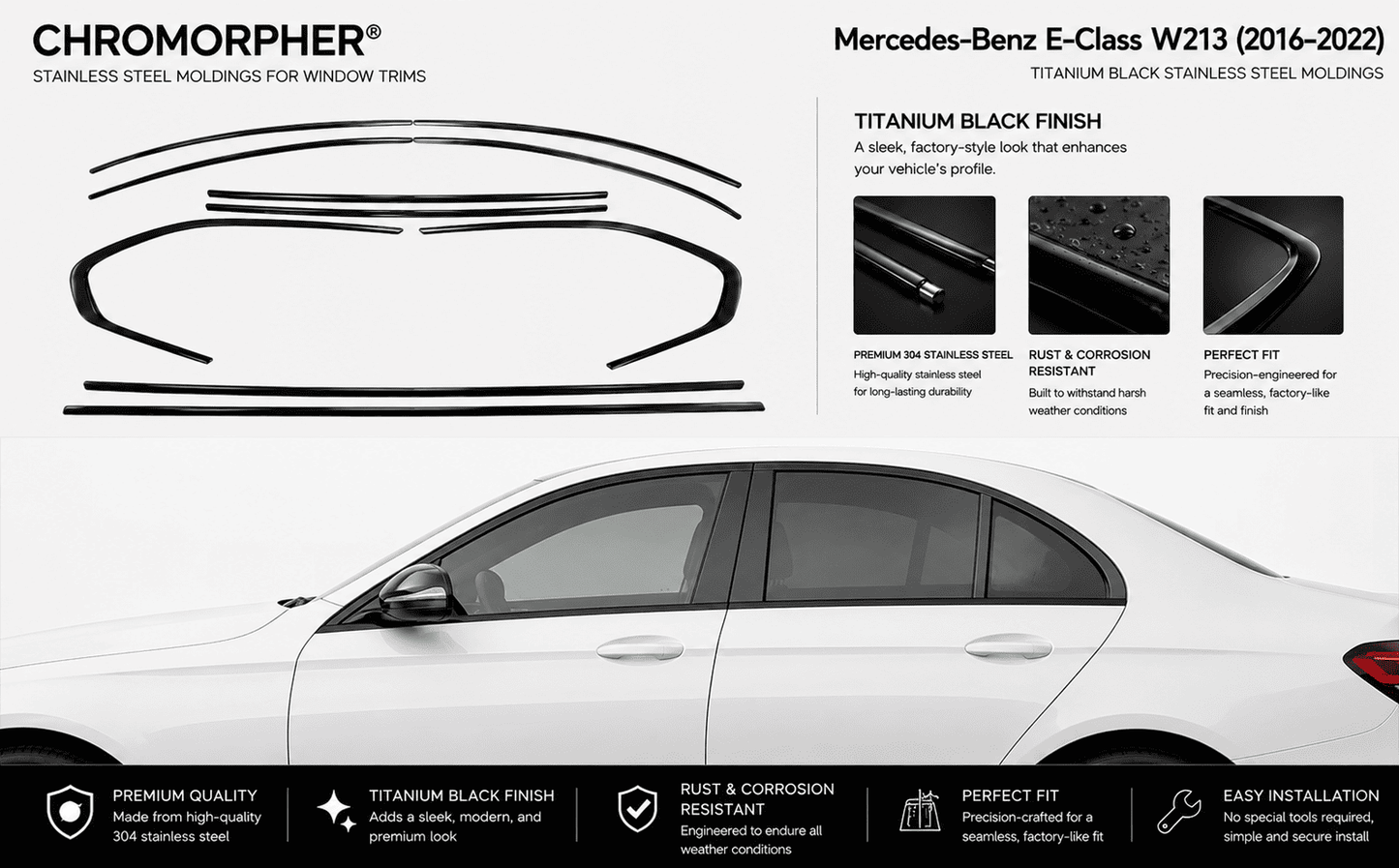 Mercedes-Benz E-Class W213 Stainless Steel Window Trim Covers (2016-2022)