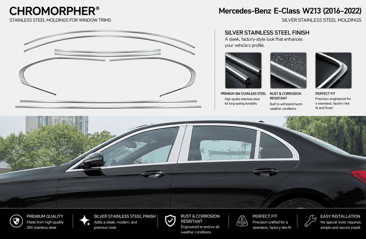 Mercedes-Benz E-Class W213 Stainless Steel Window Trim Covers (2016-2022)