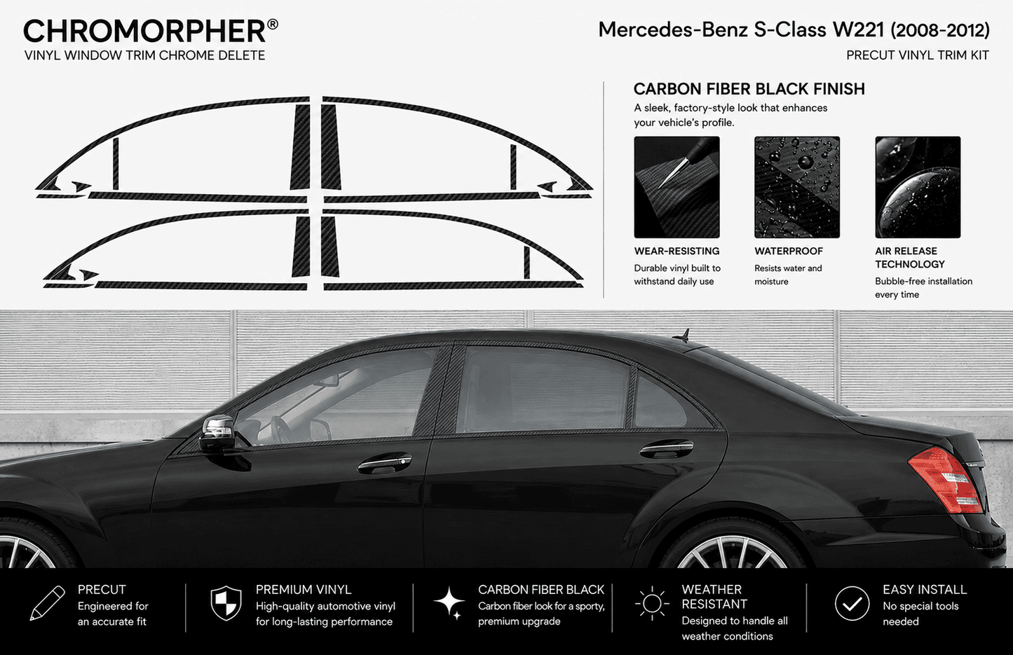 Mercedes-Benz S-Class W221 (2008-2012) Precut Chrome Delete Kit