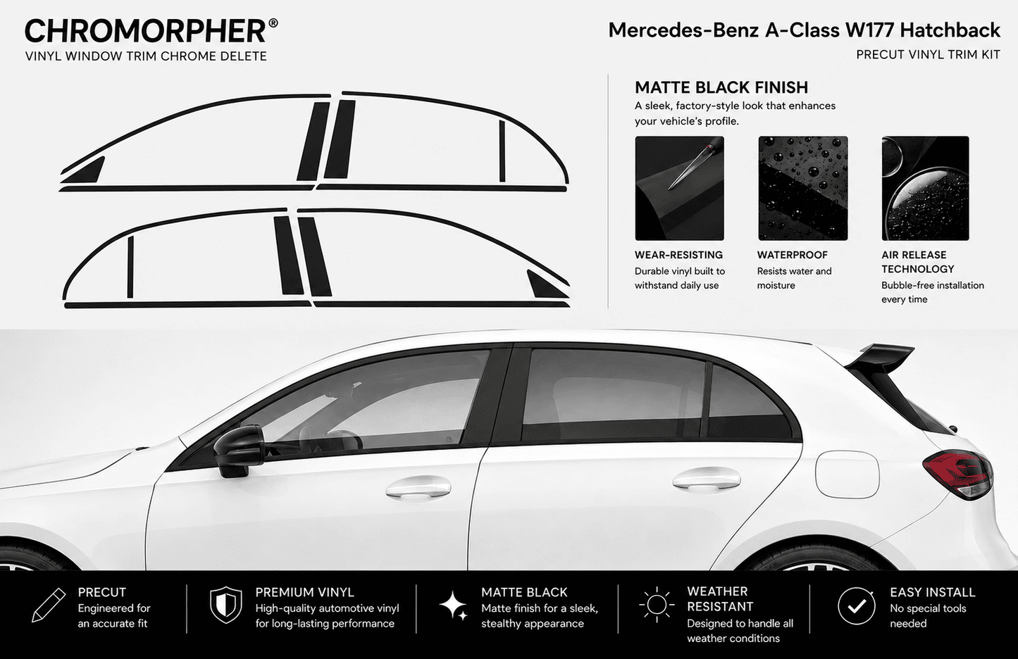 Mercedes-Benz A-Class W177 Hatchback Precut Window Chrome Delete Kit (2019-2024)
