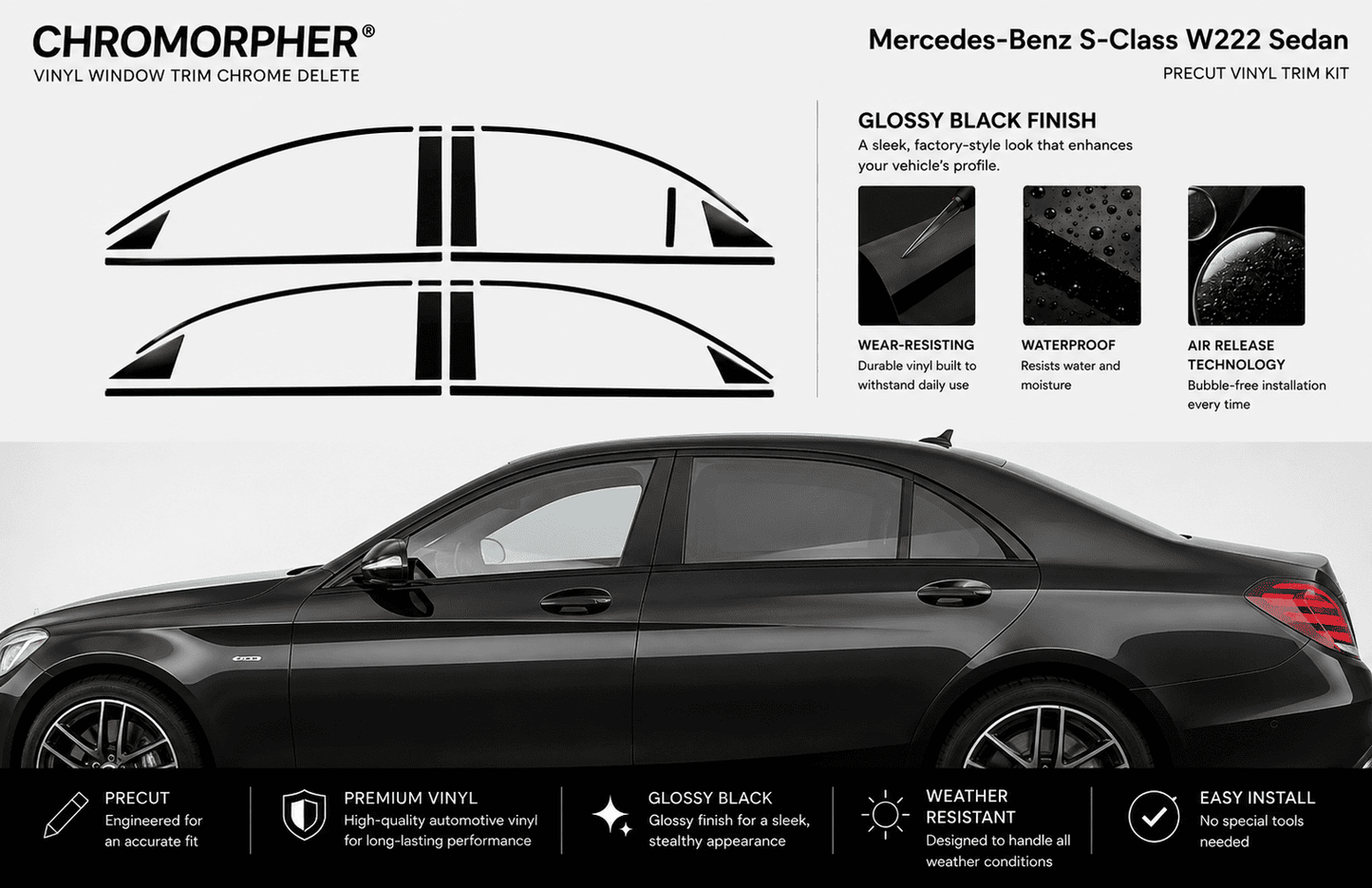Mercedes-Benz S-Class W222 (2014-2020) Precut Chrome Delete Kit