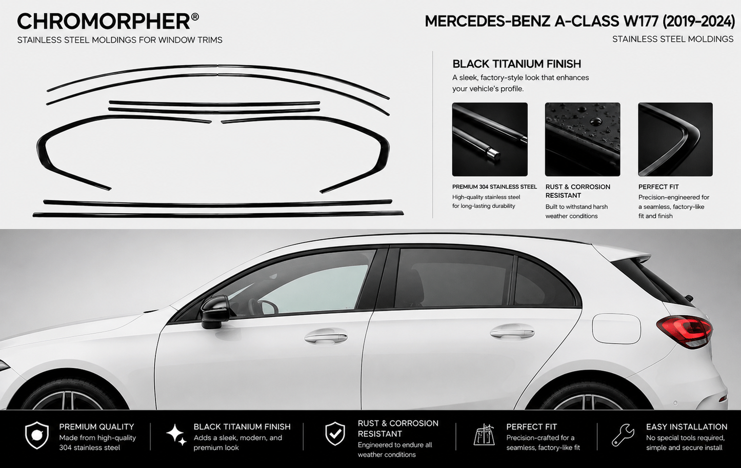 Mercedes-Benz A-Class W177 Hatchback (2019-2024) Stainless Steel Window Trim Molding Kit