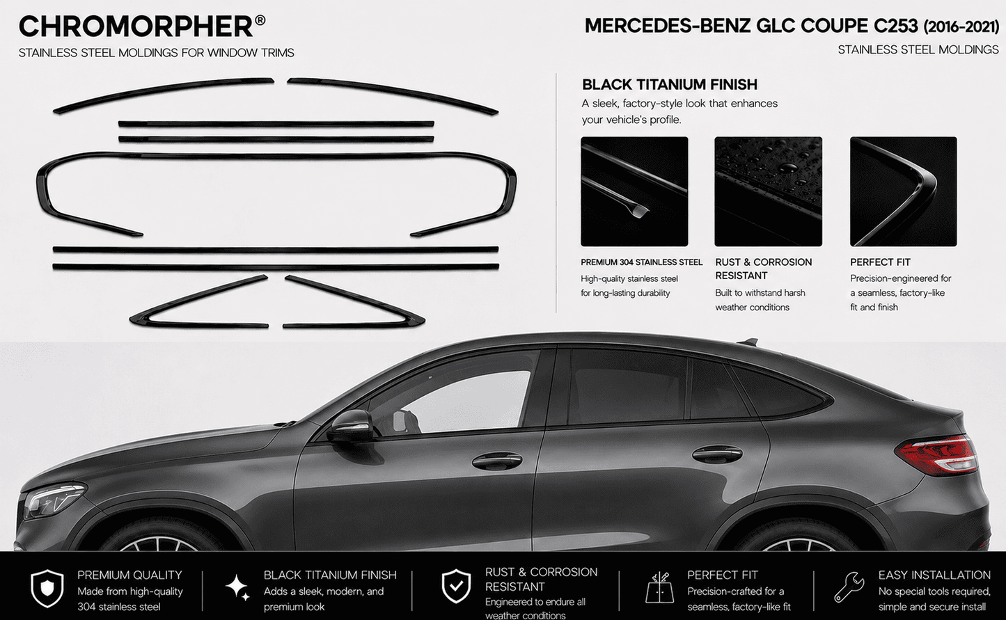 Mercedes-Benz GLC Coupe C253 Stainless Steel Window Trim Moldings (2017-2021)