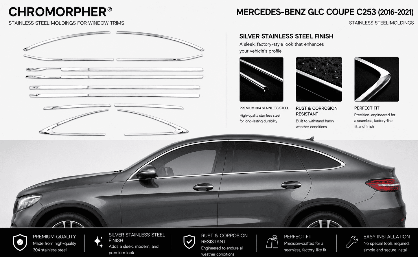 Mercedes-Benz GLC Coupe C253 Stainless Steel Window Trim Moldings (2017-2021)