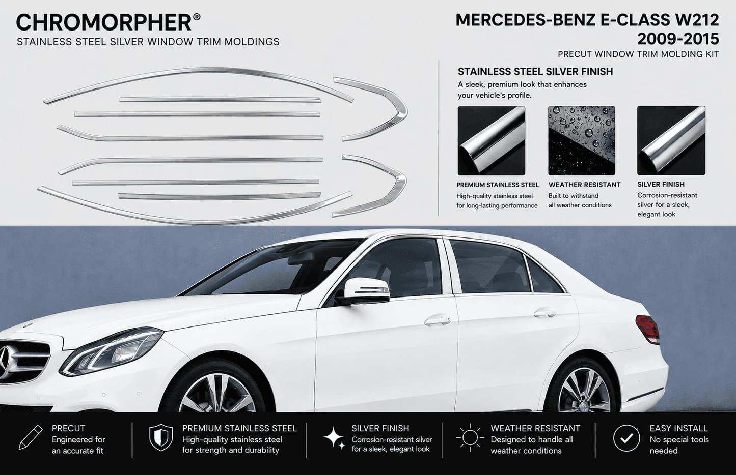 Mercedes-Benz E-Class W212 Stainless Steel Window Trim Moldings (2009-2015)