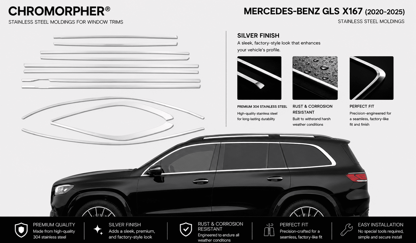 Mercedes-Benz GLS X167 (2020–2025) Stainless Steel Window Trim Moldings