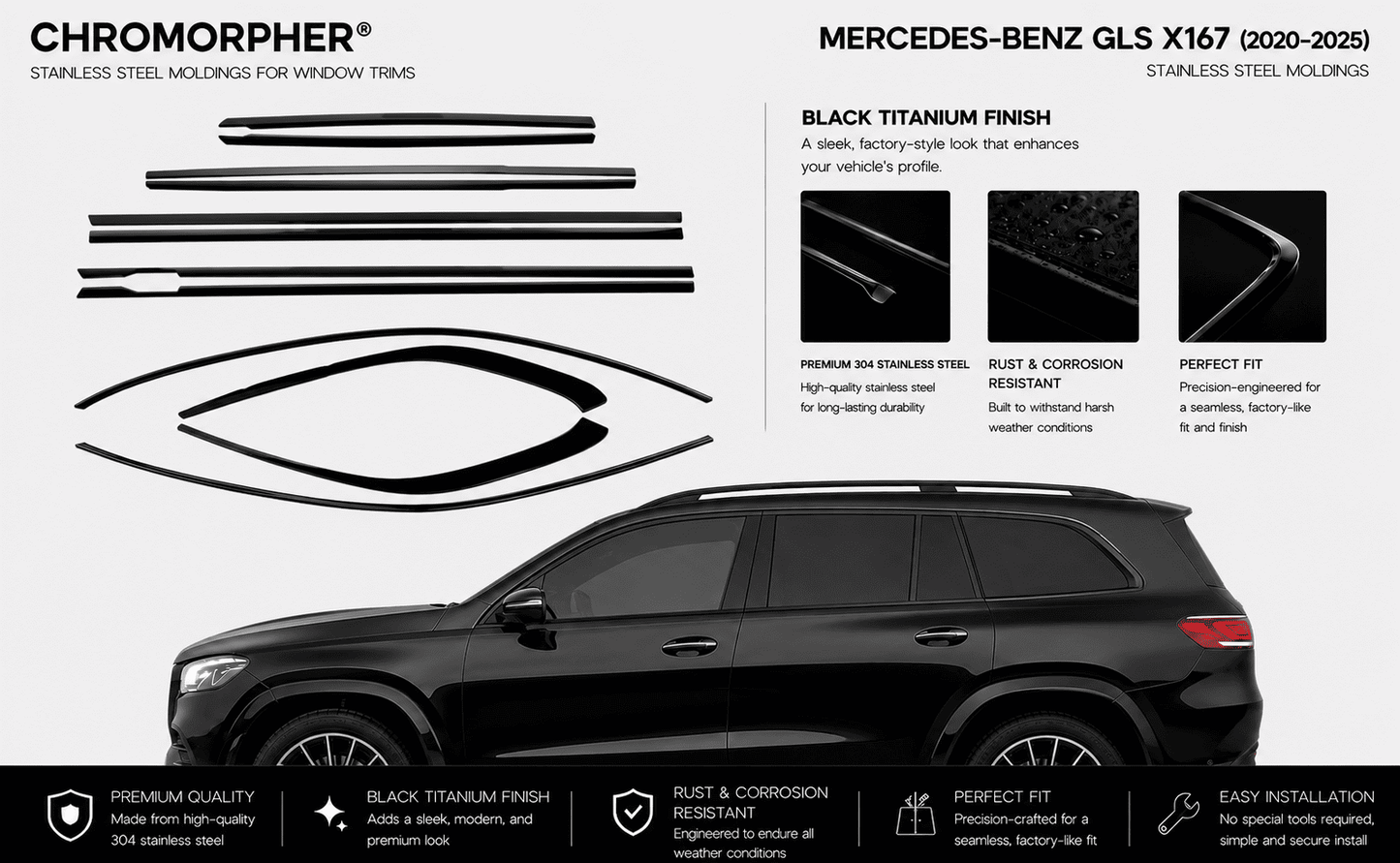 Mercedes-Benz GLS X167 (2020–2025) Stainless Steel Window Trim Moldings