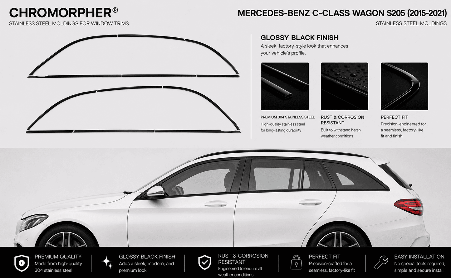 Mercedes-Benz C-Class Wagon S205 (2015-2021) Black Glossy Window Trim Molding