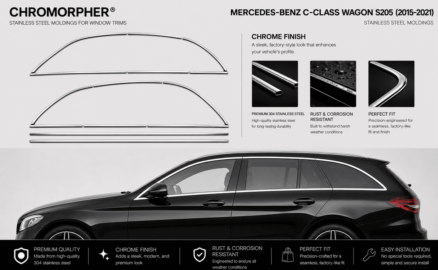 Mercedes-Benz C-Class Wagon S205 (2015-2021) Black Glossy Window Trim Molding