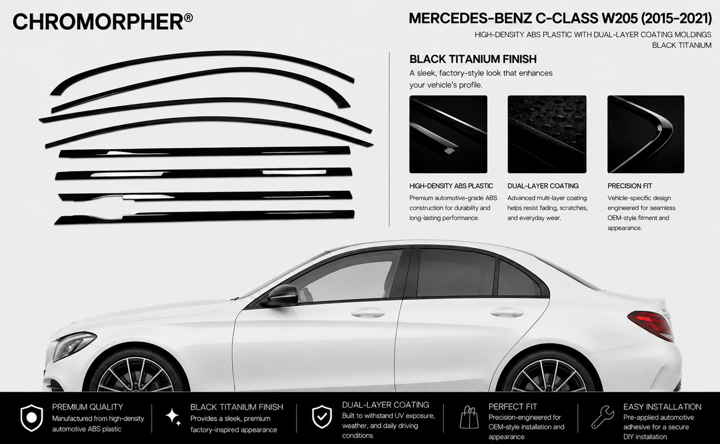 Mercedes-Benz C-Class (2017–2021) Titanium Black Window Trim Moldings