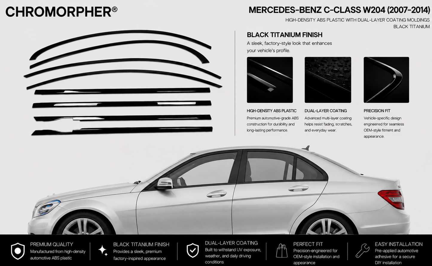 Mercedes-Benz C-Class (2017–2021) Titanium Black Window Trim Moldings