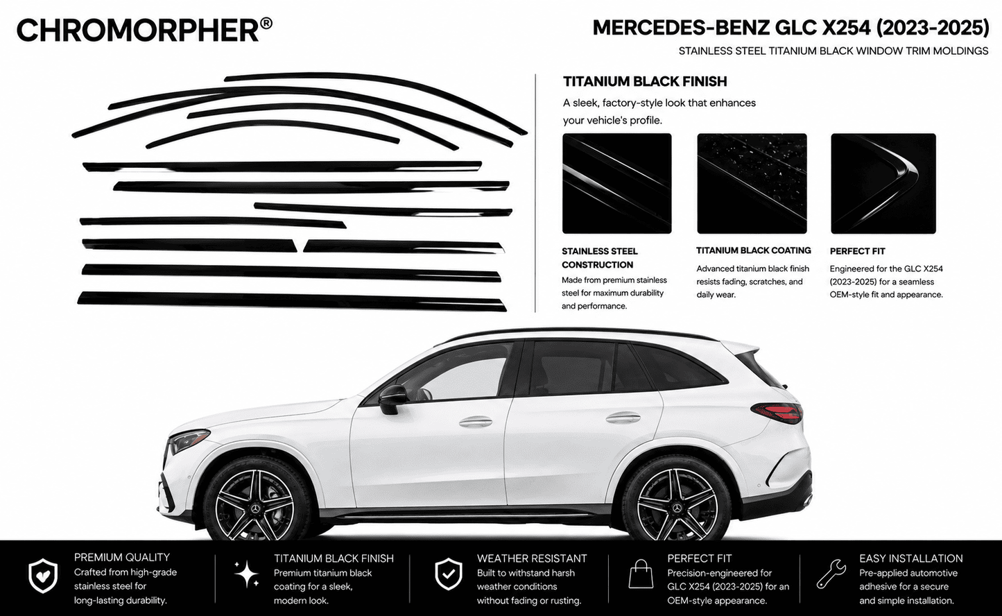 Mercedes-Benz GLC X253/X254 Night Package Window Trim Moldings (2015-2025) - Stainless Steel