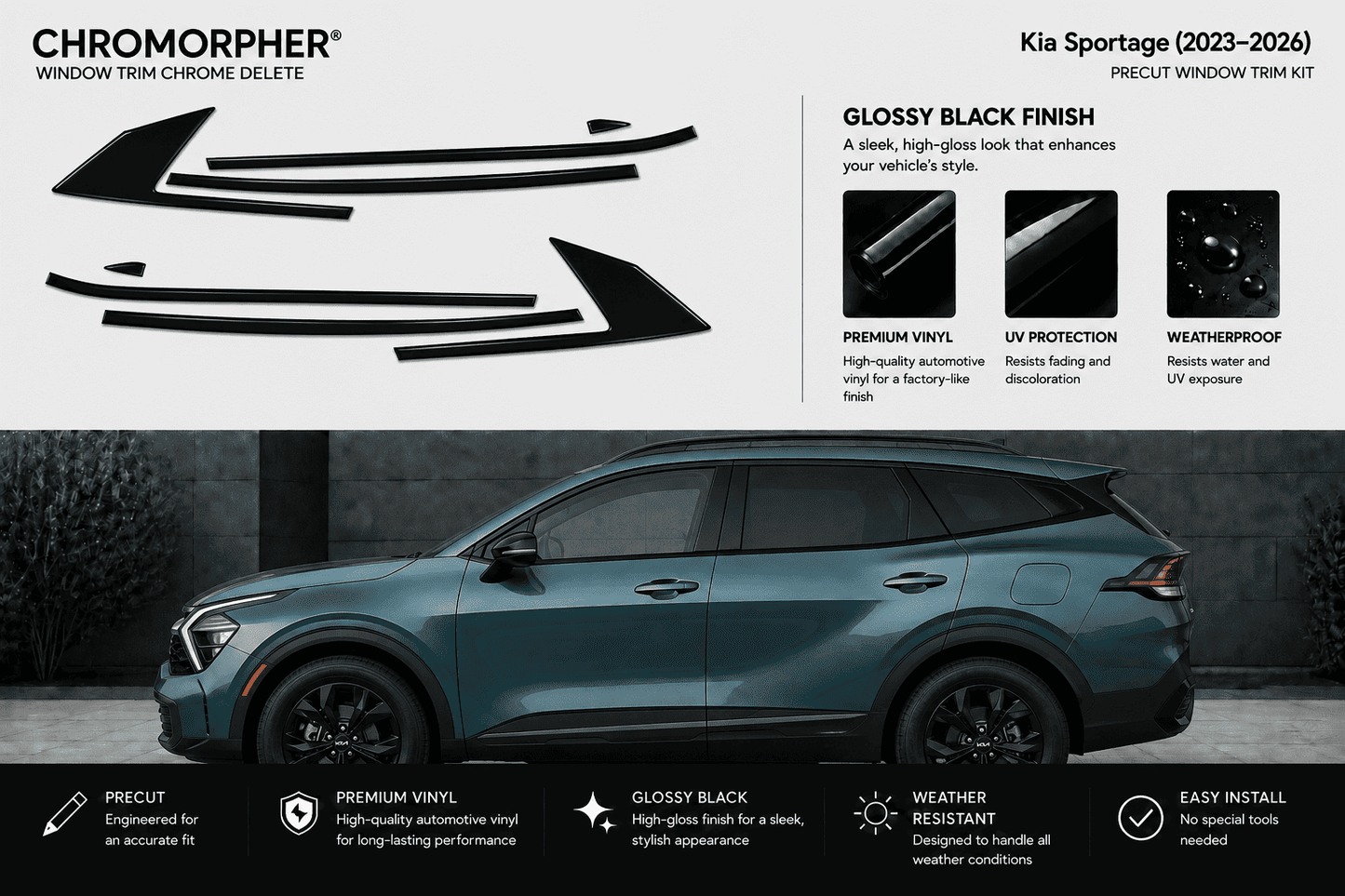 Chromorpher window trim chrome delete kit for Kia Sportage (2023-2026), featuring black vinyl side and rear window trim pieces shown on a white background above a dark gray SUV.