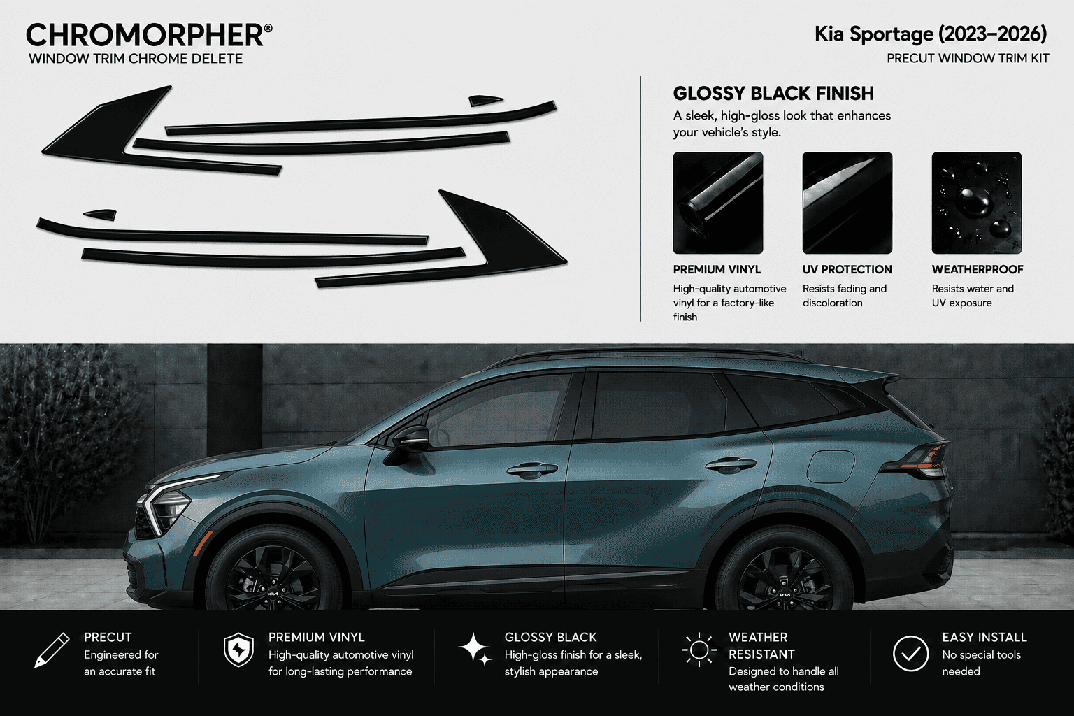 Chromorpher window trim chrome delete kit for Kia Sportage (2023-2026), featuring black vinyl side and rear window trim pieces shown on a white background above a dark gray SUV.