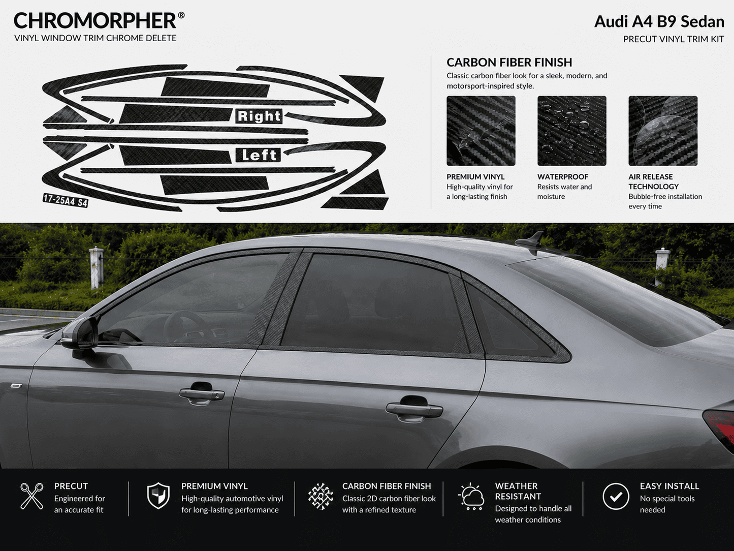 ChroMorpher Audi A4/S4 B9 Precut Chrome Delete Kit (2017–2025) - ChroMorpher