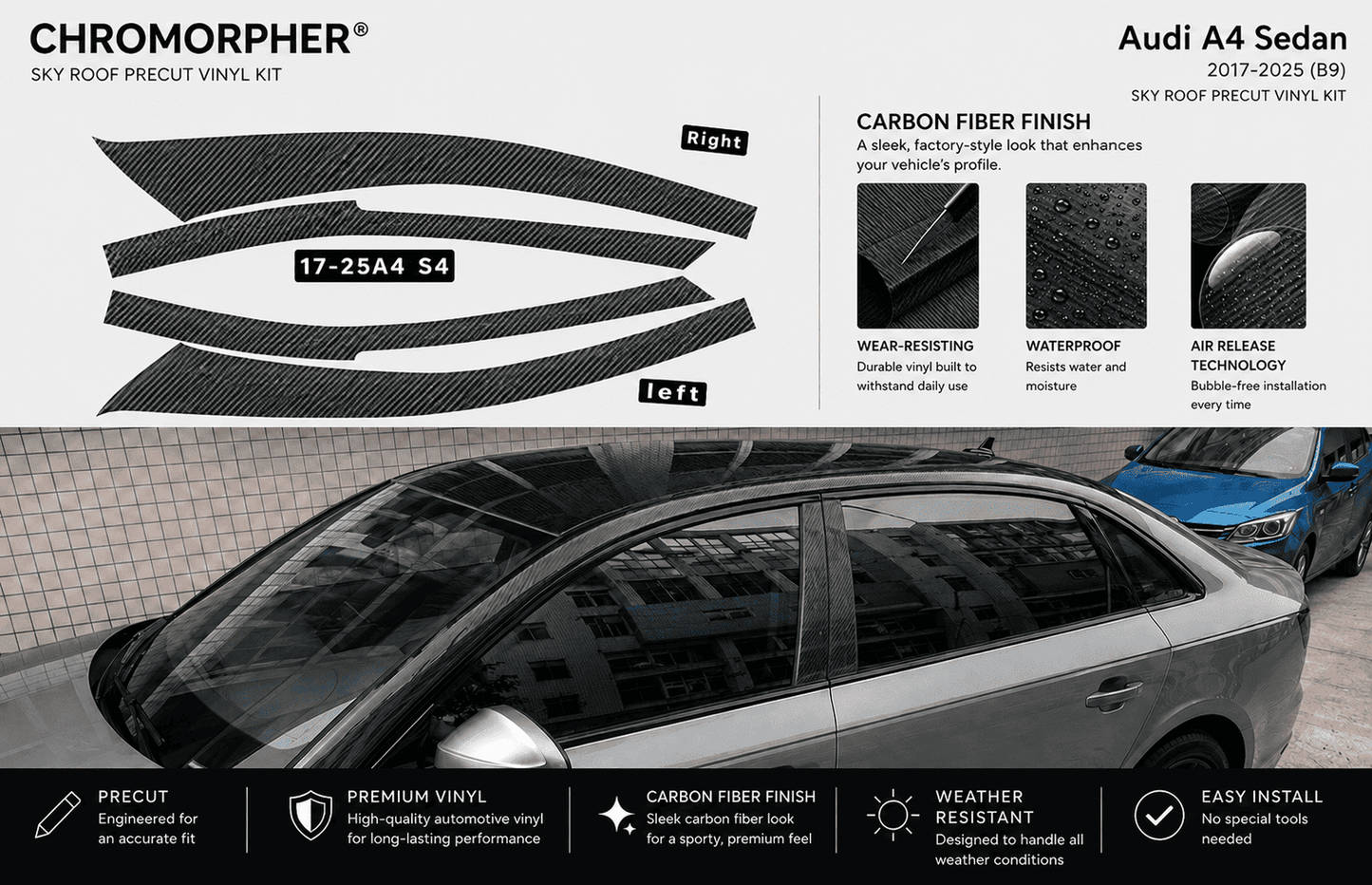 ChroMorpher Audi A4/S4 B9 Precut Chrome Delete Kit (2017–2025) - ChroMorpher