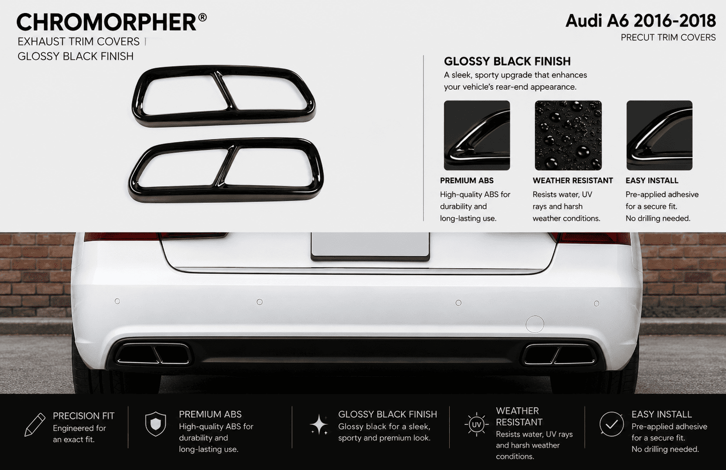 ChroMorpher Audi A6 Stainless Steel Exhaust Trim Covers (2016–2018) - ChroMorpher