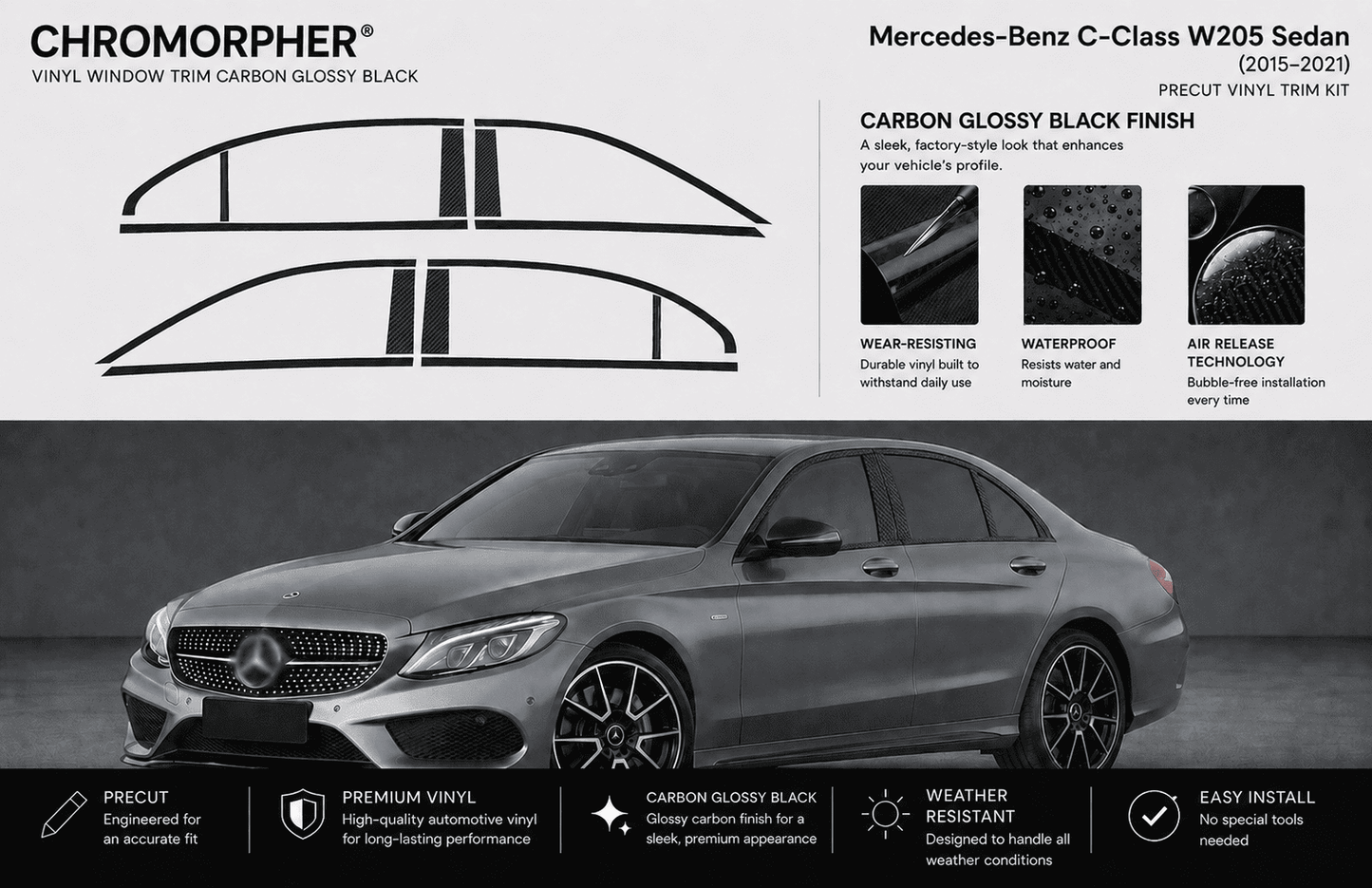 Mercedes-Benz C-Class W205 Sedan Precut Chrome Delete Vinyl Kit (2015–2021)