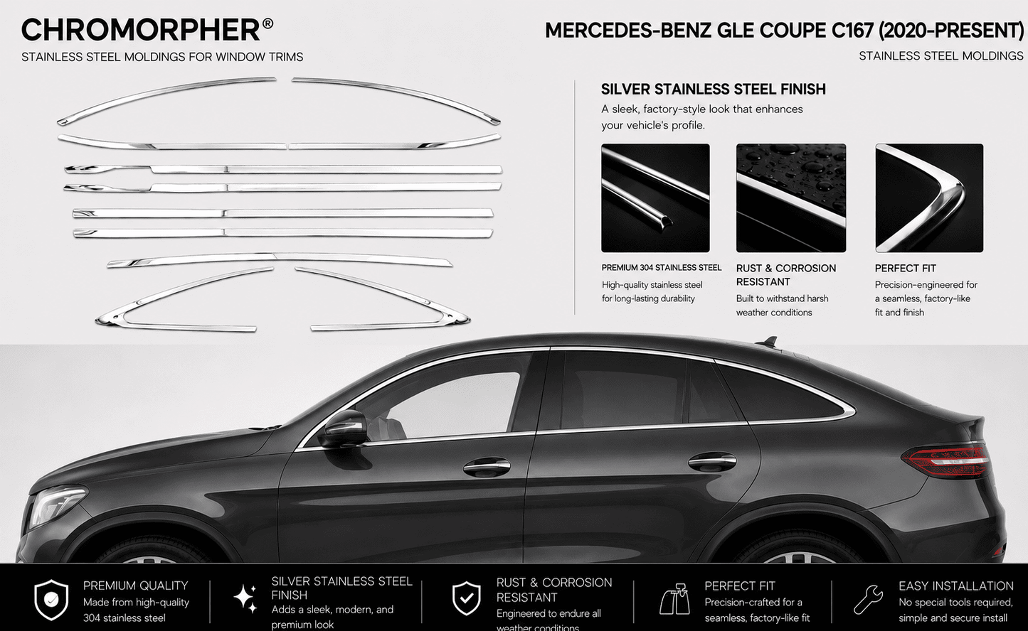 Mercedes-Benz GLE Coupe C167 (2020–2025) Stainless Steel Window Trim Moldings