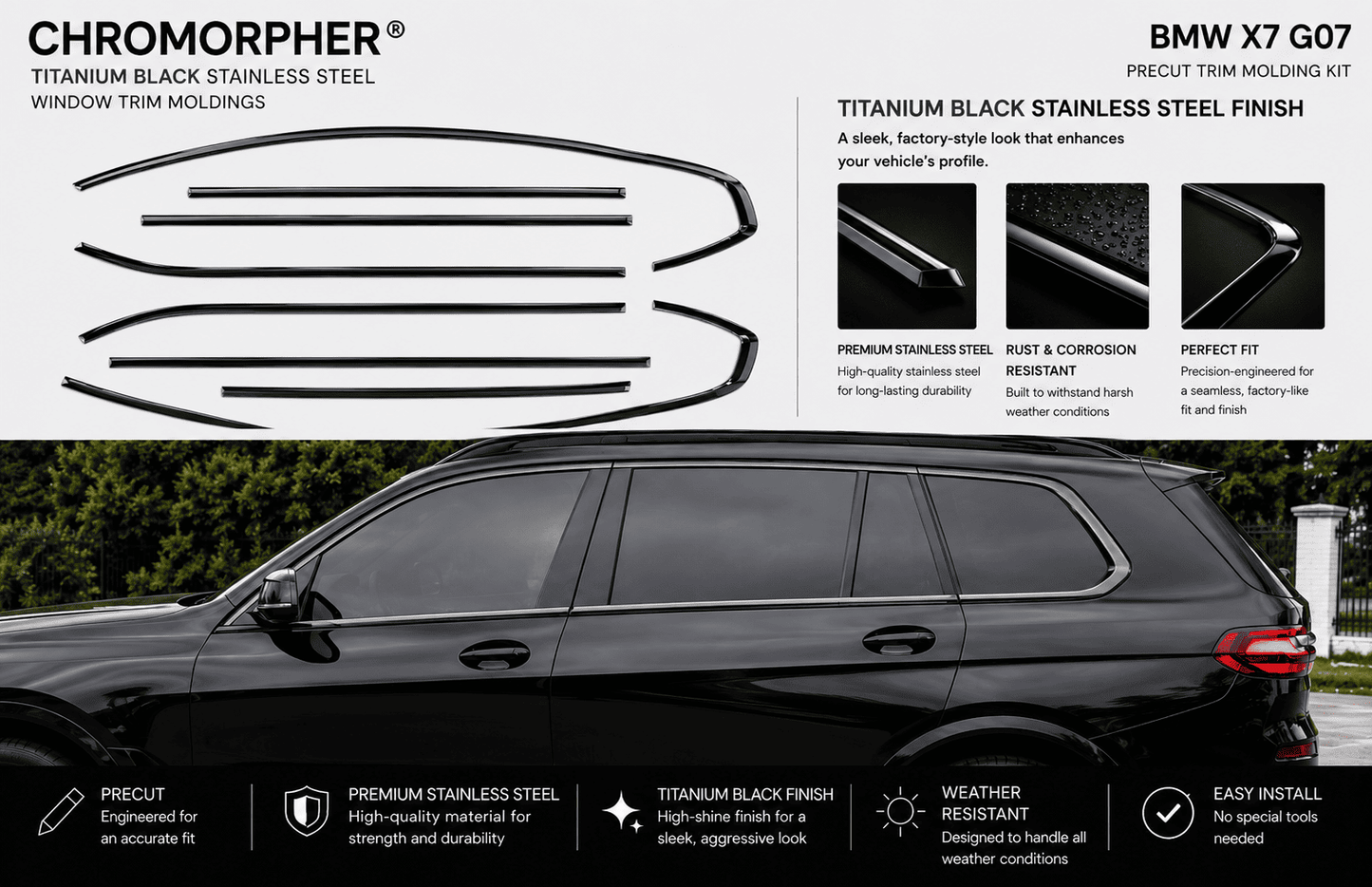 BMW X7 G07 Glossy Black Stainless Steel Window Trim Moldings