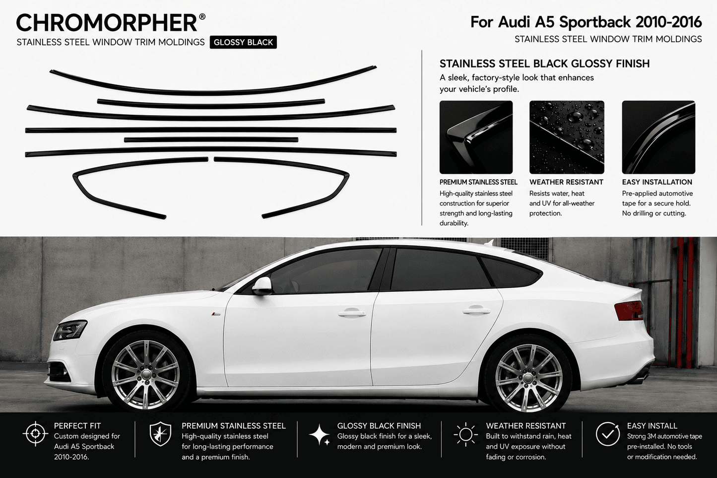 Audi A5 Black Optics Window Trim Cover Kit - Stainless Steel