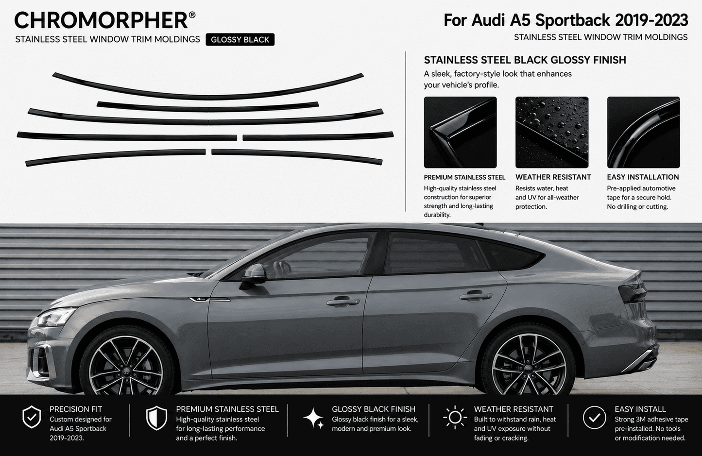 Audi A5 Black Optics Window Trim Cover Kit - Stainless Steel