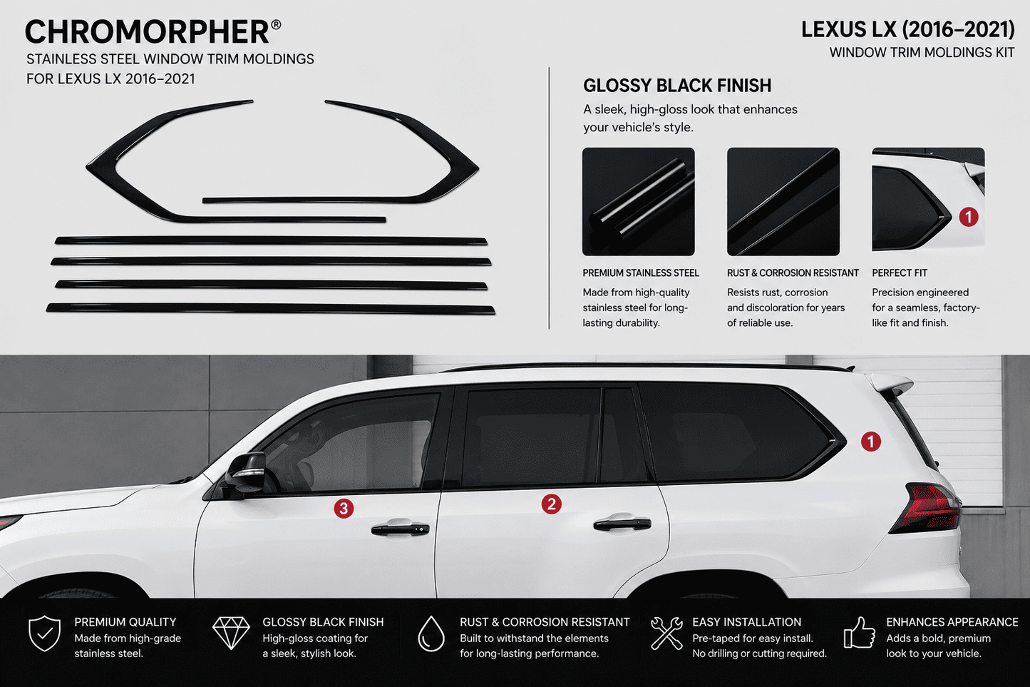 Lexus LX (2016–2026) Stainless Steel Window Trim Moldings