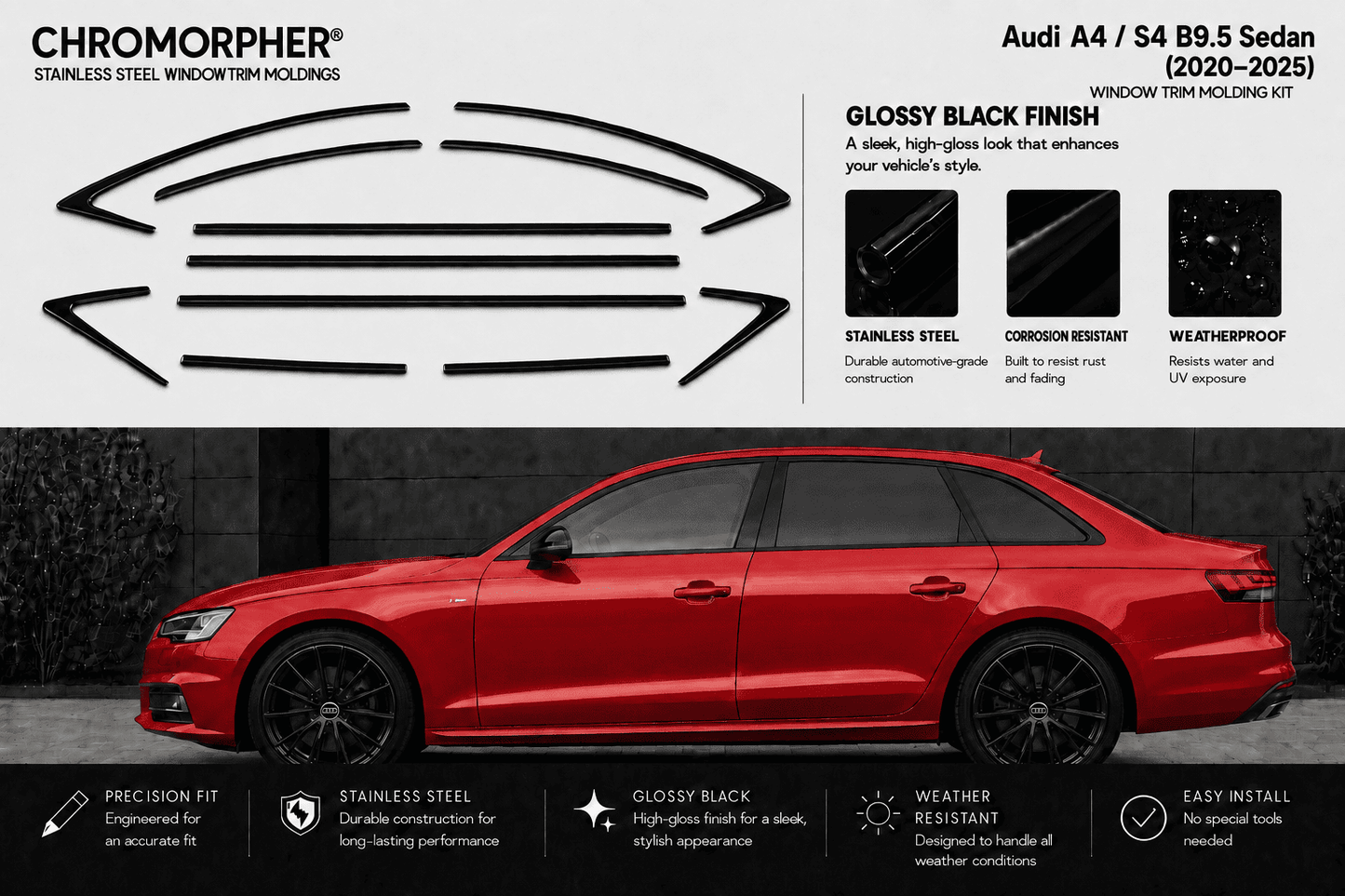 Audi A4 (2009–2025) Stainless Steel Window Trim Moldings