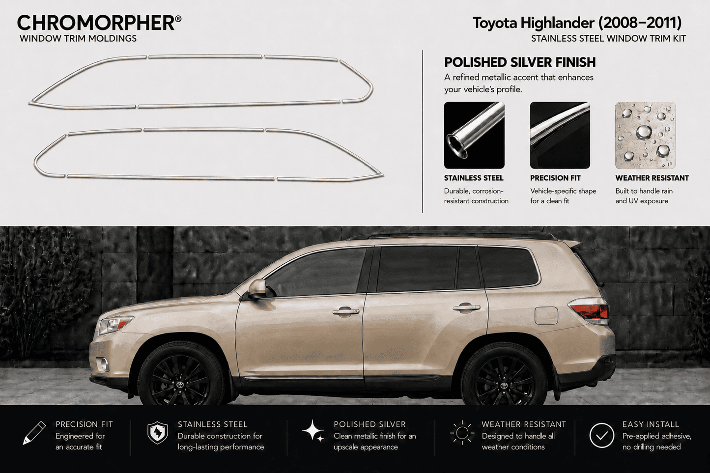 Toyota Highlander (2008–2013) Stainless Steel Window Trim Moldings