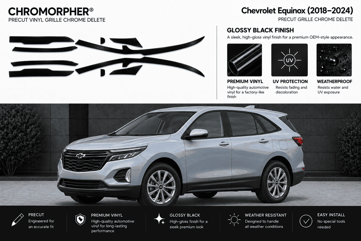 Chrome grille decal kit for a 2018-2024 Chevrolet Equinox, shown with three black vinyl decal pieces on a white background and a silver Chevrolet Equinox SUV on a dark street backdrop.
