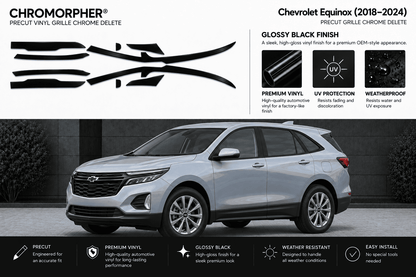 Chrome grille decal kit for a 2018-2024 Chevrolet Equinox, shown with three black vinyl decal pieces on a white background and a silver Chevrolet Equinox SUV on a dark street backdrop.