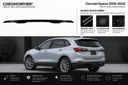 A black Chromorphor gloss vinyl rear chrome delete spoiler shown above a silver Chevrolet Equinox SUV on a dark outdoor wall, with feature callouts and installation benefits printed around the image.