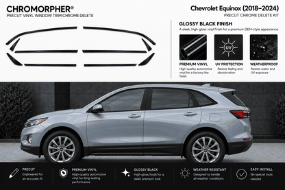 Chromorpher Precut Chrome Delete Kit for Chevrolet Equinox (2018-2024) shown with a silver SUV on a dark background, alongside product graphics, gloss black finish details, and feature callouts.