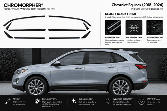 Chromorpher Precut Chrome Delete Kit for Chevrolet Equinox (2018-2024) shown with a silver SUV on a dark background, alongside product graphics, gloss black finish details, and feature callouts.