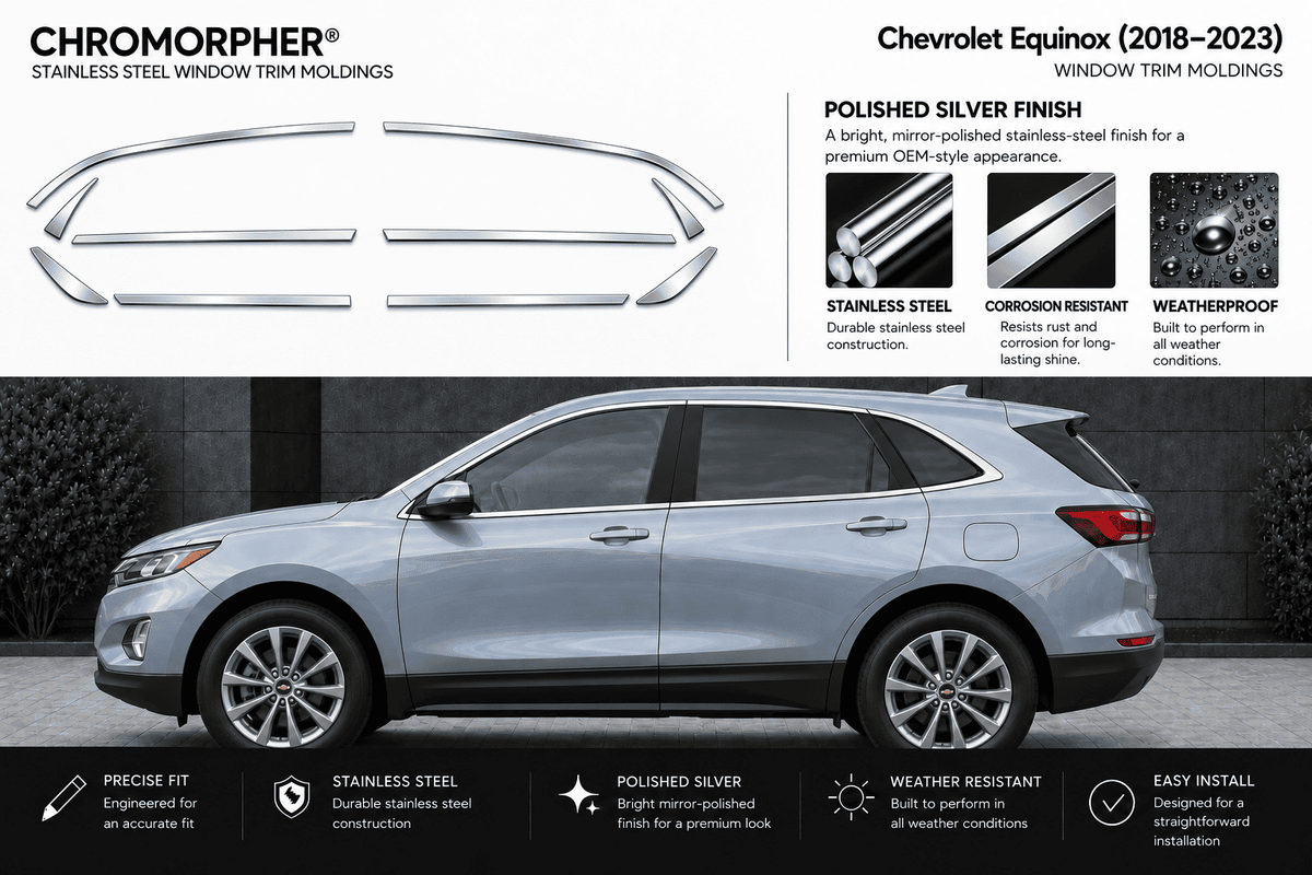 Chromorpher stainless steel window trim molding set shown with multiple front-view trim pieces on a white background, plus a silver Chevrolet Equinox SUV on a dark outdoor-looking backdrop. Text highlights polished silver finish, stainless steel construction, corrosion resistance, and weatherproof design.