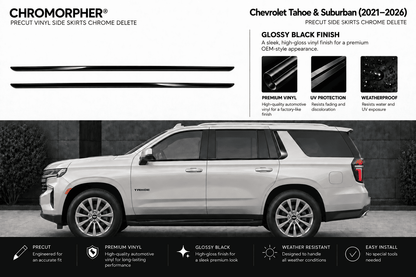 Chrome Delete precut vinyl side skirts shown as two long black trim pieces at the top, with feature callouts and a large side view of a silver Chevrolet Tahoe & Suburban SUV on a dark outdoor-looking background. Text includes gloss black finish, UV protection, weatherproof, and easy install.