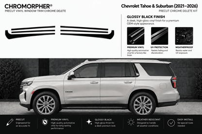 Chromorpher Precut Chrome Delete Kit shown with two chrome strip graphics above a side view of a silver Chevrolet Tahoe & Suburban SUV on a dark background. Text highlights glossy black finish, UV protection, weatherproof design, and easy install.