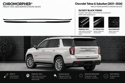 Chromorphor precut vinyl rear bumper chrome delete kit shown with a white Chevrolet Tahoe and Suburban SUV on a dark background, featuring product specifications, finish details, and installation benefits.
