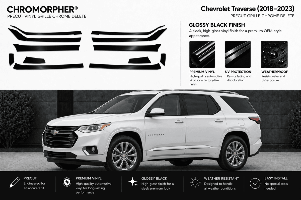 Chrome delete grille vinyl wrap kit for Chevrolet Traverse (2018-2023), featuring black pre-cut grille graphics shown on the left and a white SUV demonstrating the installed glossy black finish on the right.