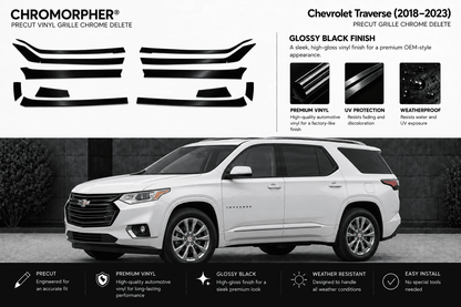 Chrome delete grille vinyl wrap kit for Chevrolet Traverse (2018-2023), featuring black pre-cut grille graphics shown on the left and a white SUV demonstrating the installed glossy black finish on the right.